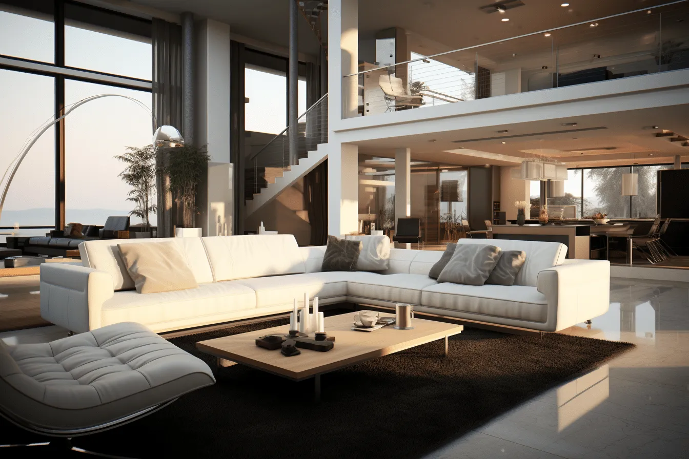 3d rendering of modern living room with a leather couch, unreal engine, light-filled scenes