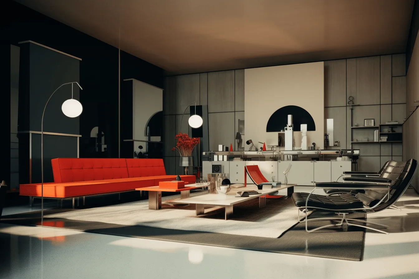 Red living room with white walls and black furniture, retrofuturism, vray tracing, leica r3, orange and black, mid-century, mirrored, highly detailed