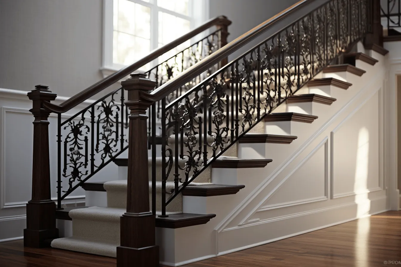 Staircase is wooden, classical style, dark bronze and gray, highly detailed foliage, bold shadows, light white and dark bronze, made of wrought iron, octane render