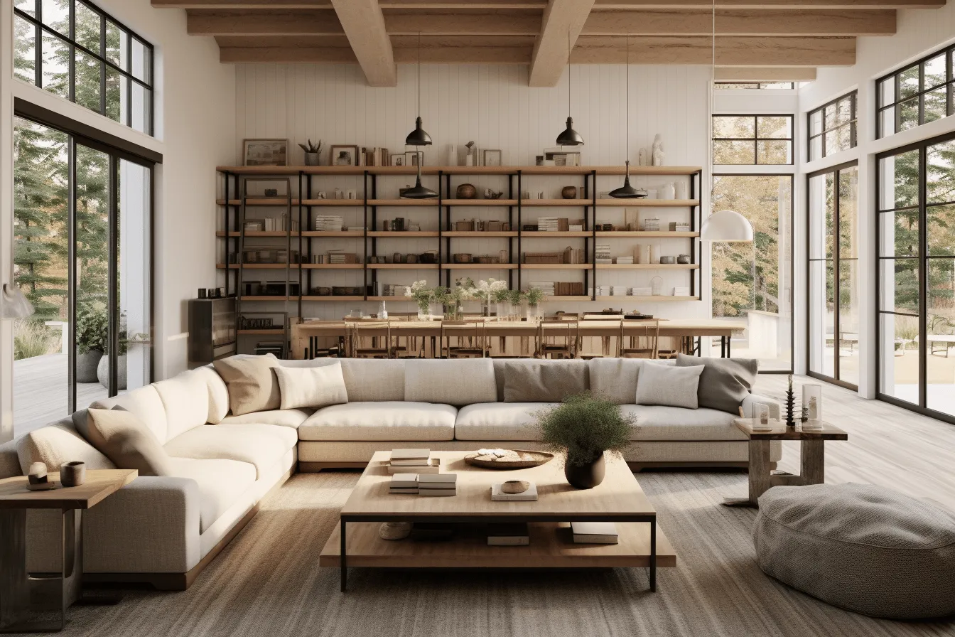 Modern living room with white walls and wood floors, cottagecore, industrial influence, multi-layered, beige, earthy color palette, sustainable design, 8k resolution