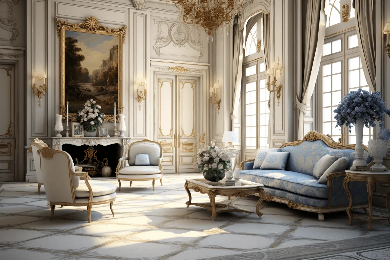 Very elegant living room is shown, baroque-inspired details, photorealistic details, french landscape, timeless artistry