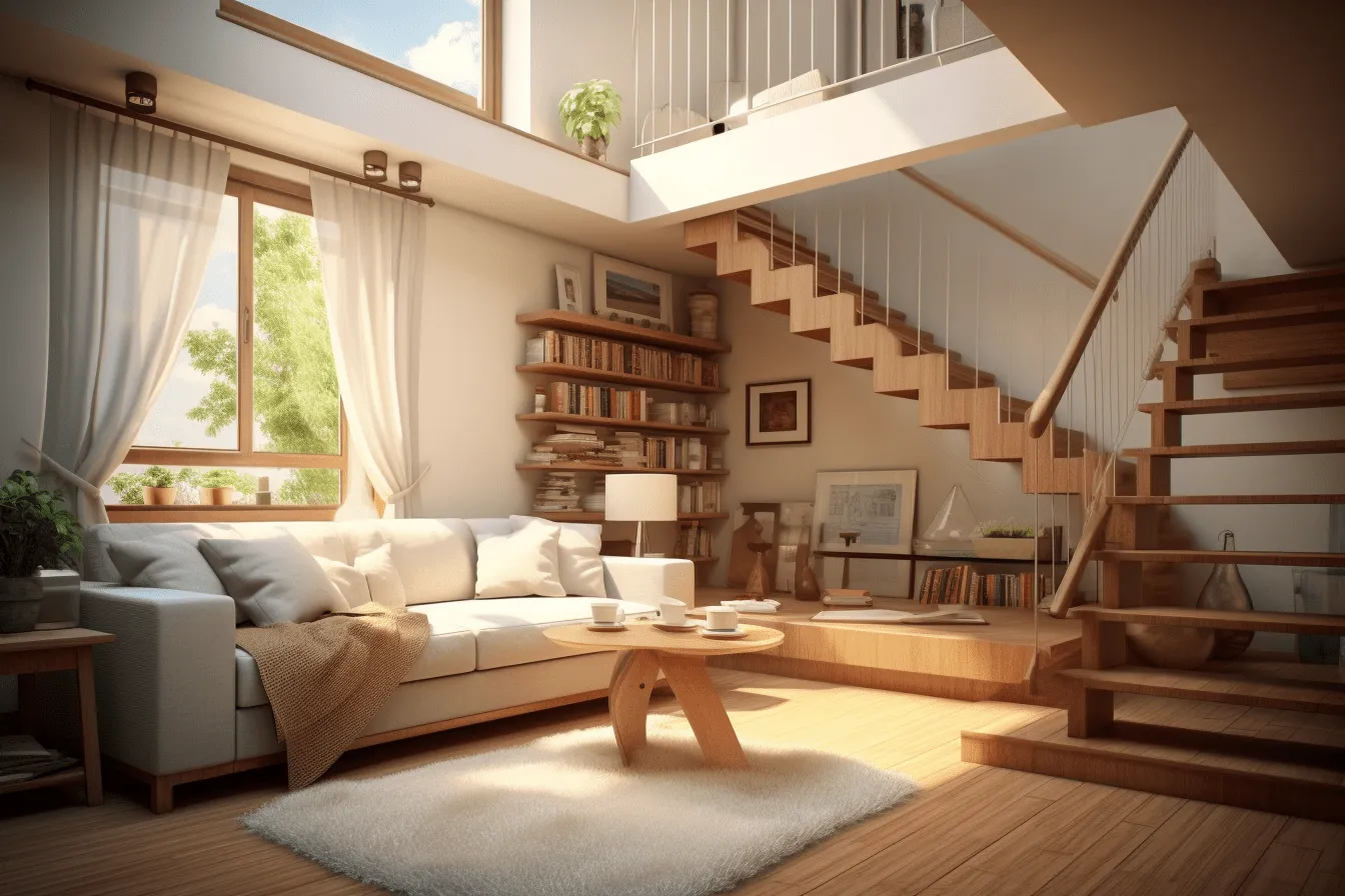 Living room designed with white sofa and bookshelves, sunrays shine upon it, rendered in maya, everyday life depiction, wood, soft, atmospheric lighting, solarization, high-angle