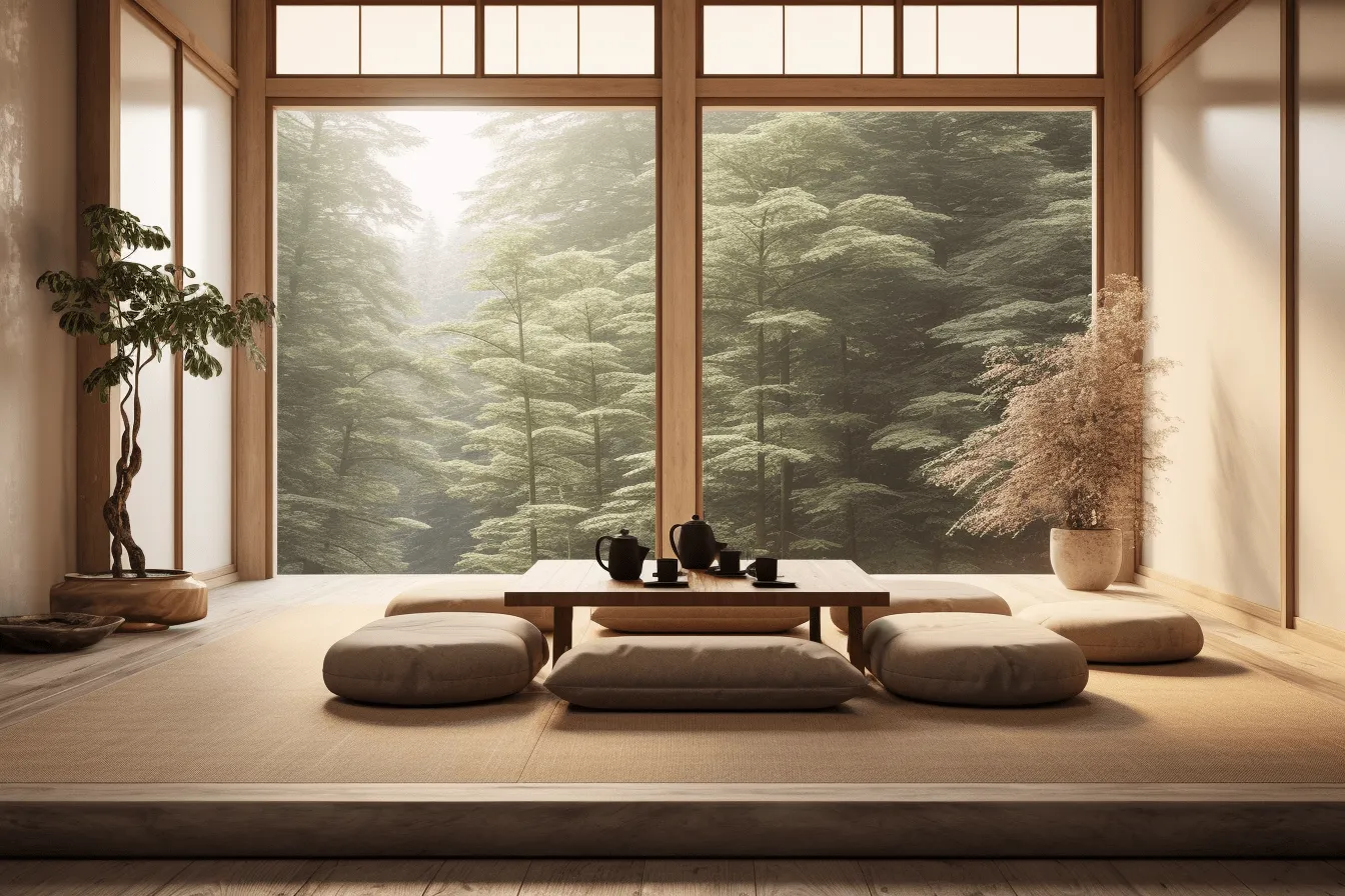 Room with a lot of windows, zen-like tranquility, atmospheric woodland imagery, realistic landscapes with soft, tonal colors, japanese inspiration, photorealistic rendering, tabletop photography, 32k uhd