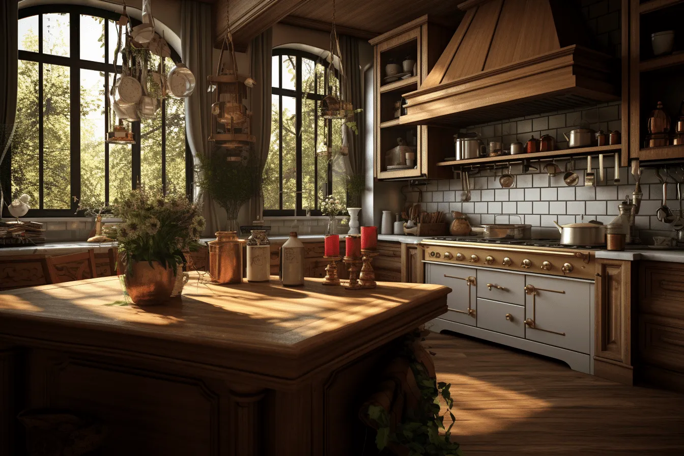 Wooden kitchen with an island, unreal engine 5, vignettes of paris, golden light, atmospheric scenes, lush and detailed, ceramic, i can't believe how beautiful this is