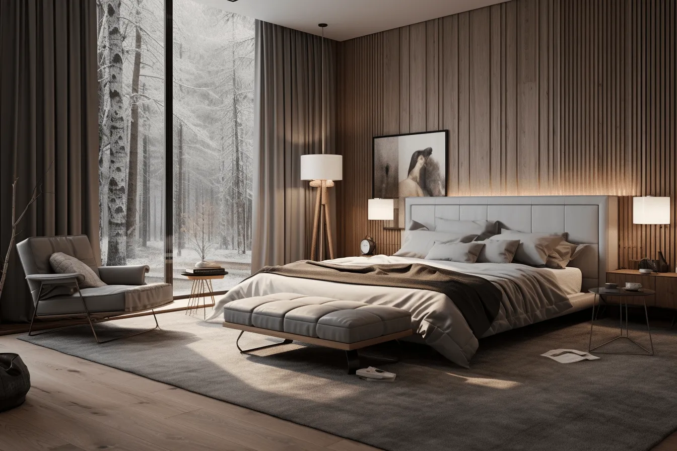 Room in a house with a wooded view, vray tracing, light amber and gray