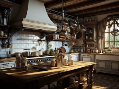 3D Image Of An Old Fashioned Kitchen With Some Pots On The Table