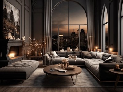 3D Interior With A City View Inside A Black Living Room