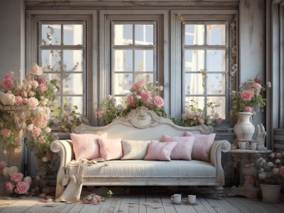 3D Living Room In The Cottage On A Wooden Floor With Roses