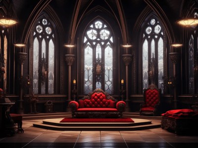 3D Render 'Grotesque' Interior With Red Throne And Large Windows