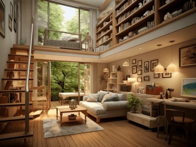 3D Render Of A Room With Bookshelves And Furniture