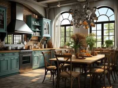 3D Render Of An Arched Window Full Kitchen With Traditional Furniture In Vintage Style