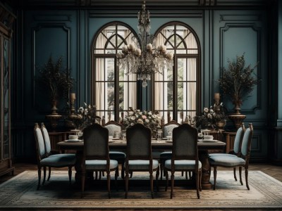3D Render Of An Old Blue Dark Dining Room With A Chandelier And Chairs