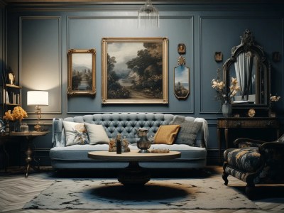 3D Render Of Vintage Living Room In A Blue Color