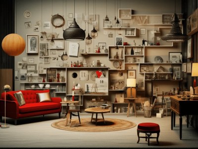 3D Rendered Red Couch In A Room With Lots Of Shelves