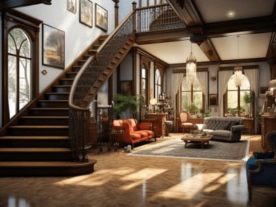3D Rendering Of A Living Room With Stairs And High Ceilings