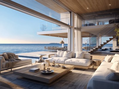 3D Rendering Of A Luxurious Living Room With Floor To Ceiling Windows Above The Ocean