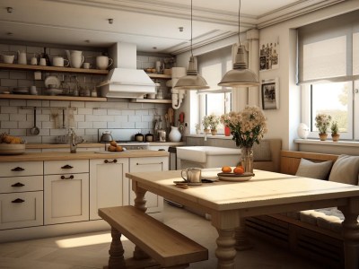 3D Rendering Of A Styled Kitchen With A Wooden Bench