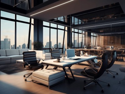 3D Rendering Of An Office With Modern Furniture And A View Of A City