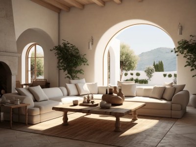 3D Rendering Of An Open Living Room With An Archway In The Background