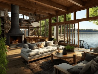 3D Rendering Of An Open Living Room With Lake Views