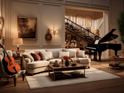 3D Rendering Of Apartment Living Area With Living Room Piano And Music Stand