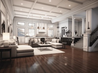 3D Rendering Of Living Room With Hardwood Floors