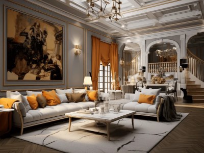 3D Rendering Of Living Room With White Sofa, Grey Wall, And Orange Sofa With A Painting