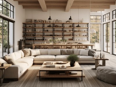 3D Rendering Of The Home Living Room With Open Shelves And Wooden Ceiling