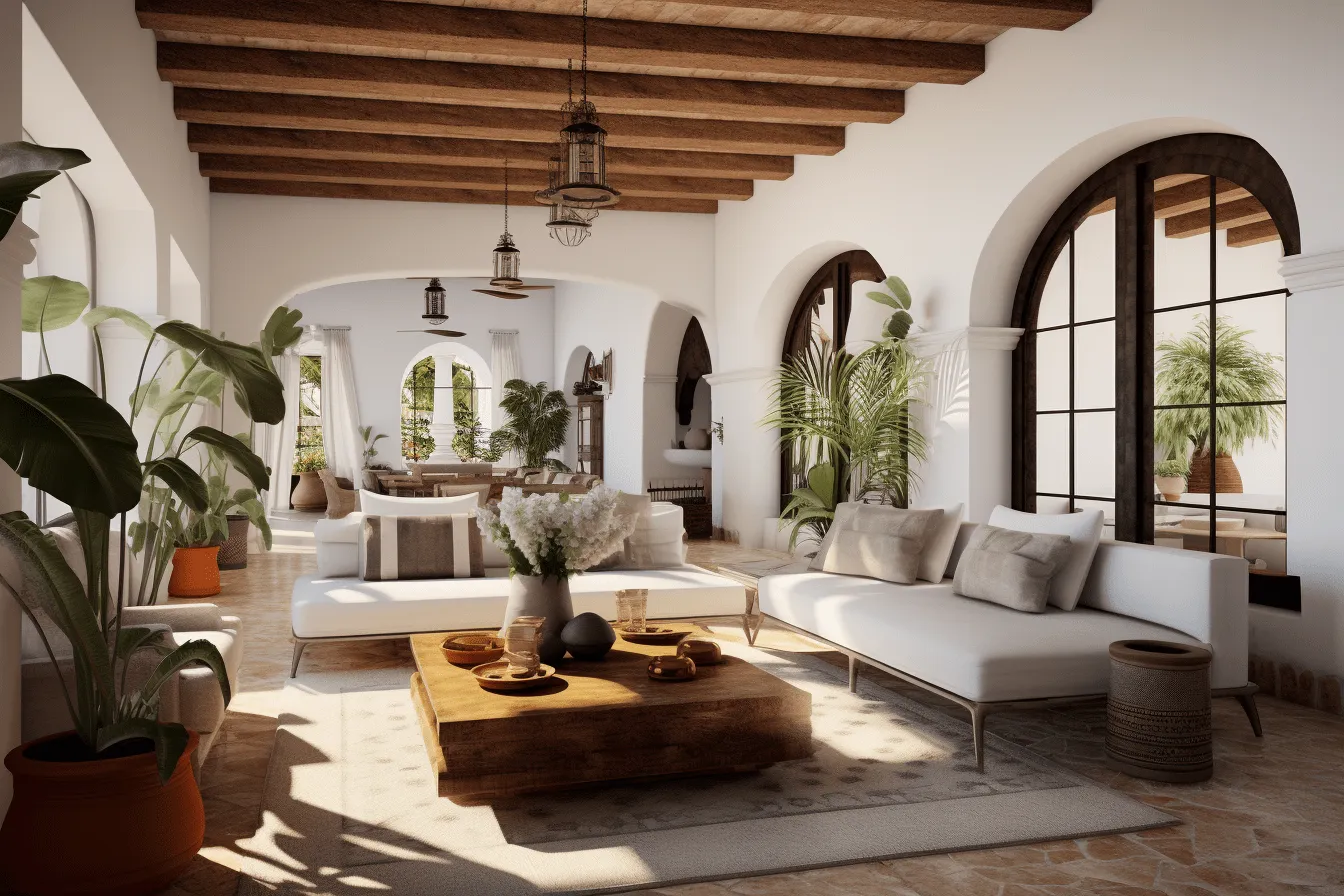 There is a big room of many white couches, mediterranean-inspired, vray tracing, rustic americana, arched doorways, photorealistic rendering, mesoamerican influences, light amber and black