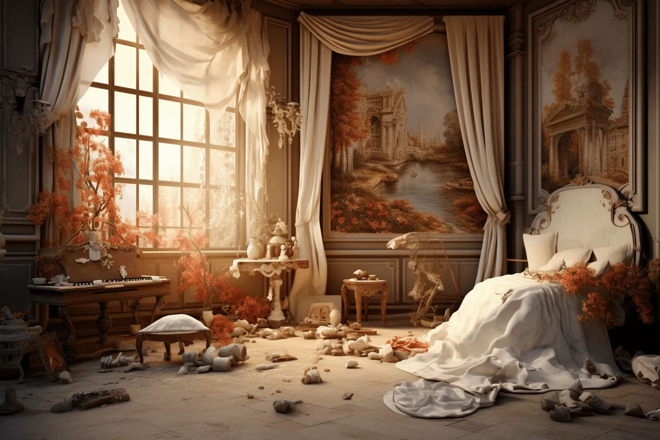 Room scene with a dresser and bed with a bed head, surreal 3d landscapes, rococo portraitures, rusty debris, classical inspiration, i can't believe how beautiful this is, neoclassical clarity, uhd image