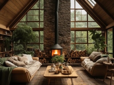 All Wall Fireplace In A Cozy Cabin In The Forest