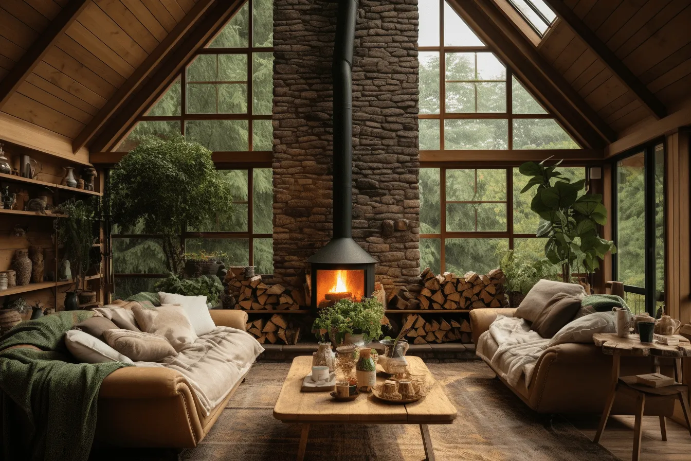 All wall fireplace in a cozy cabin in the forest, hazy landscapes, dreamy and romantic compositions, blown-off-roof perspective, industrial chic, naturalistic settings, dark beige, romanticized views