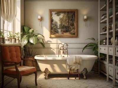 Antique Style Bathroom With A Bathtub With Plant And Artwork