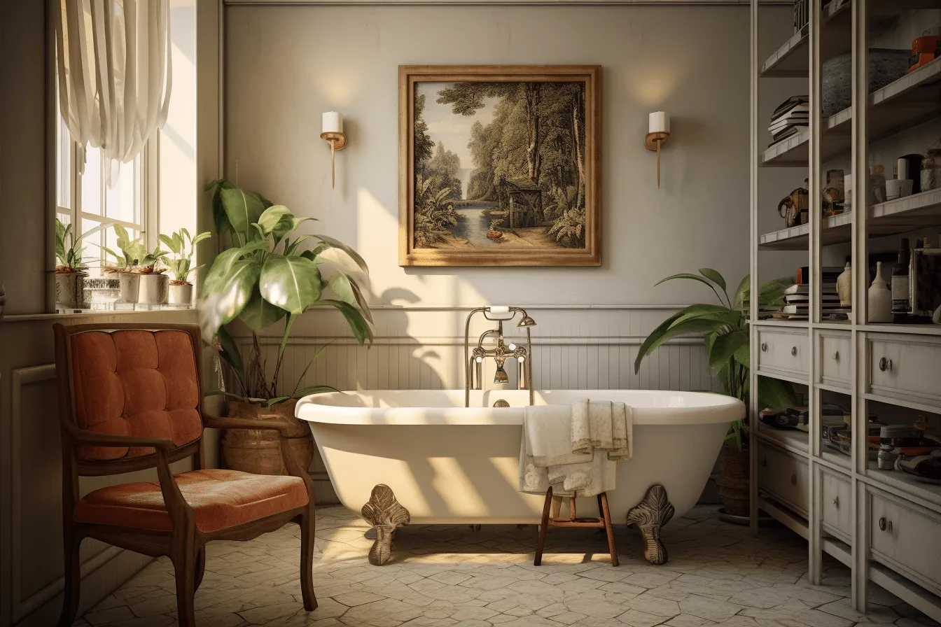 White sink and a white tub, that has flower pots, unreal engine 5, historical painting, vray, american tonalist, detailed nature depictions, realistic rendering, light beige and orange