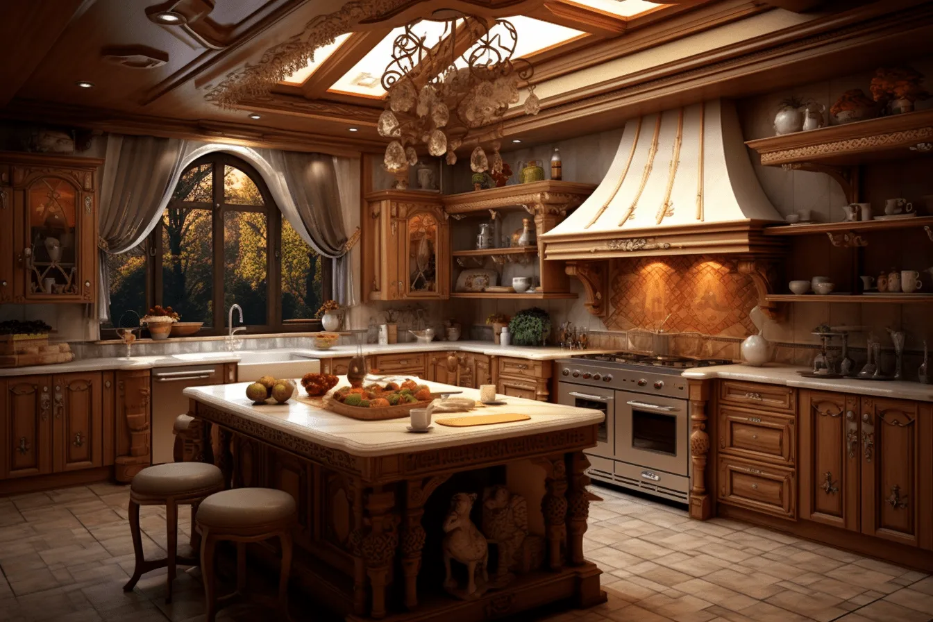 Antique style wooden kitchen, soft renderings, baroque dramatic lighting, daz3d, mediterranean-inspired, 32k uhd, dark amber, layered translucency