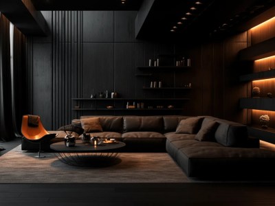 Apartment Interior Is Shown With Black Walls And Lighting
