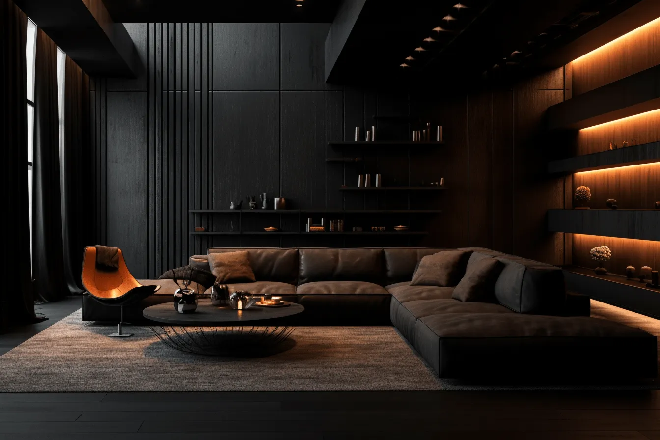 Apartment interior is shown with black walls and lighting, dark brown and dark black, cinematic mood, rich tonal palette, subtle monochromatic tones, dark and brooding designer, solarizing master, contemporary faux naïf