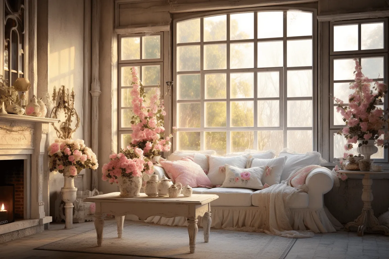 Apartment with couches, soft, romantic scenes, delicate flowers, backlight, historical reproductions, romantic landscape, light bronze and pink, photorealistic representation