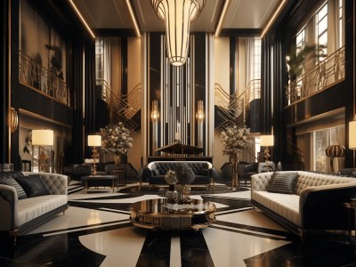 Art Deco Style Living Room With Black And Gold Furniture