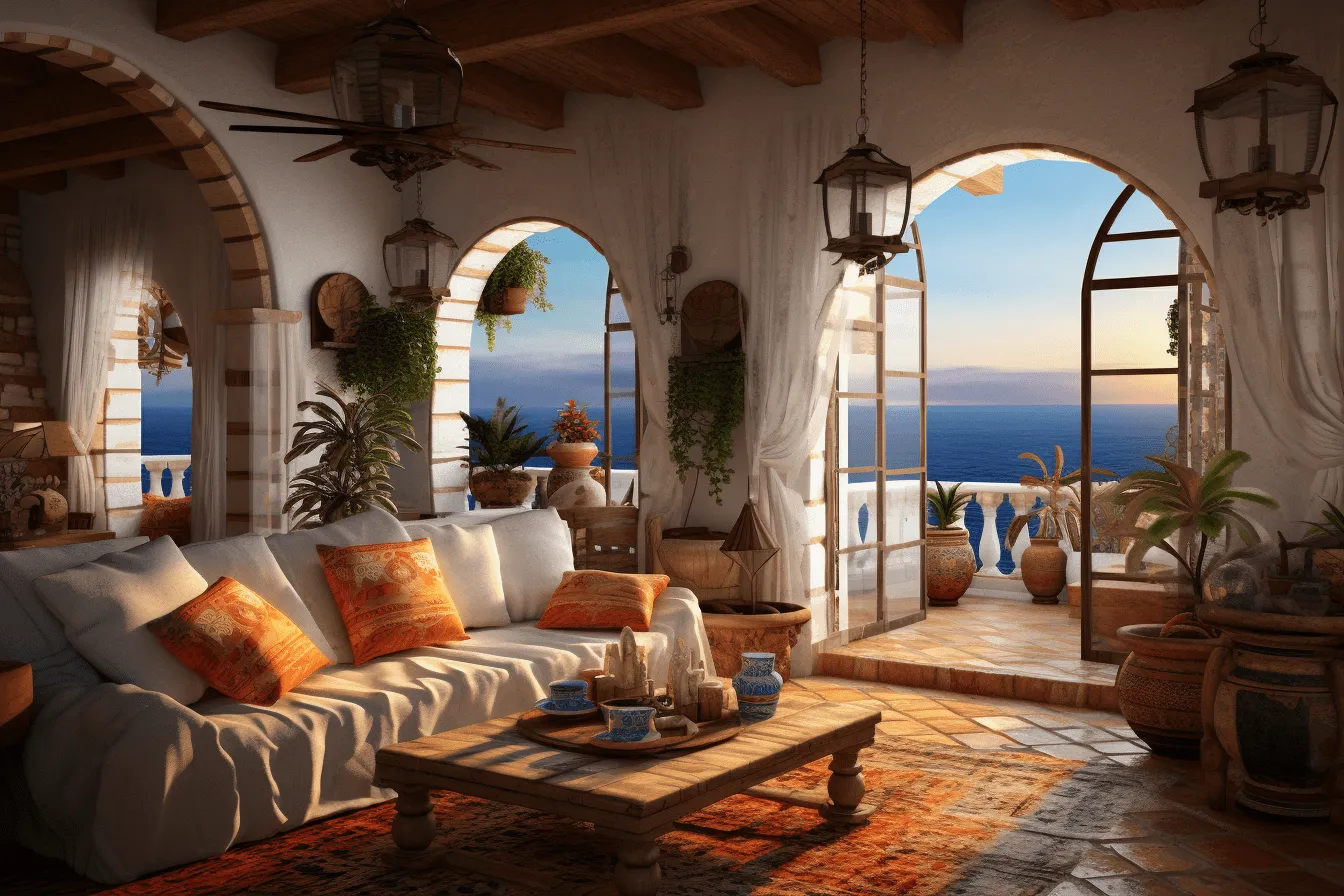 Table and chairs in the room, mediterranean-inspired, solarizing master, photorealistic fantasies, arched doorways, monumental vistas, weathercore, dark white and orange