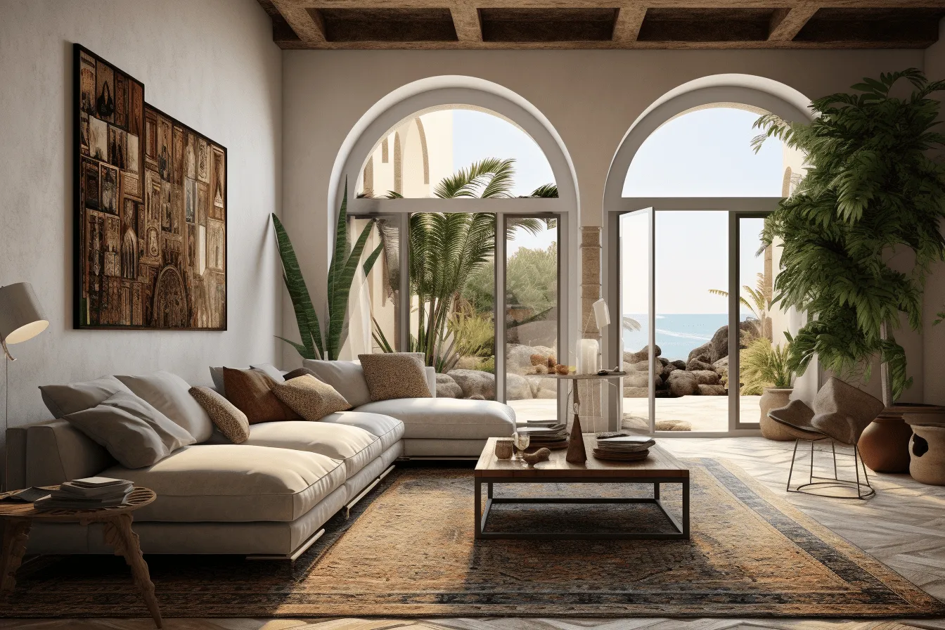 Living room with tile floors, arched windows and furniture, realistic and naturalistic textures, exotic atmosphere, mediterranean landscapes, ray tracing, coastal views, beige, tondo