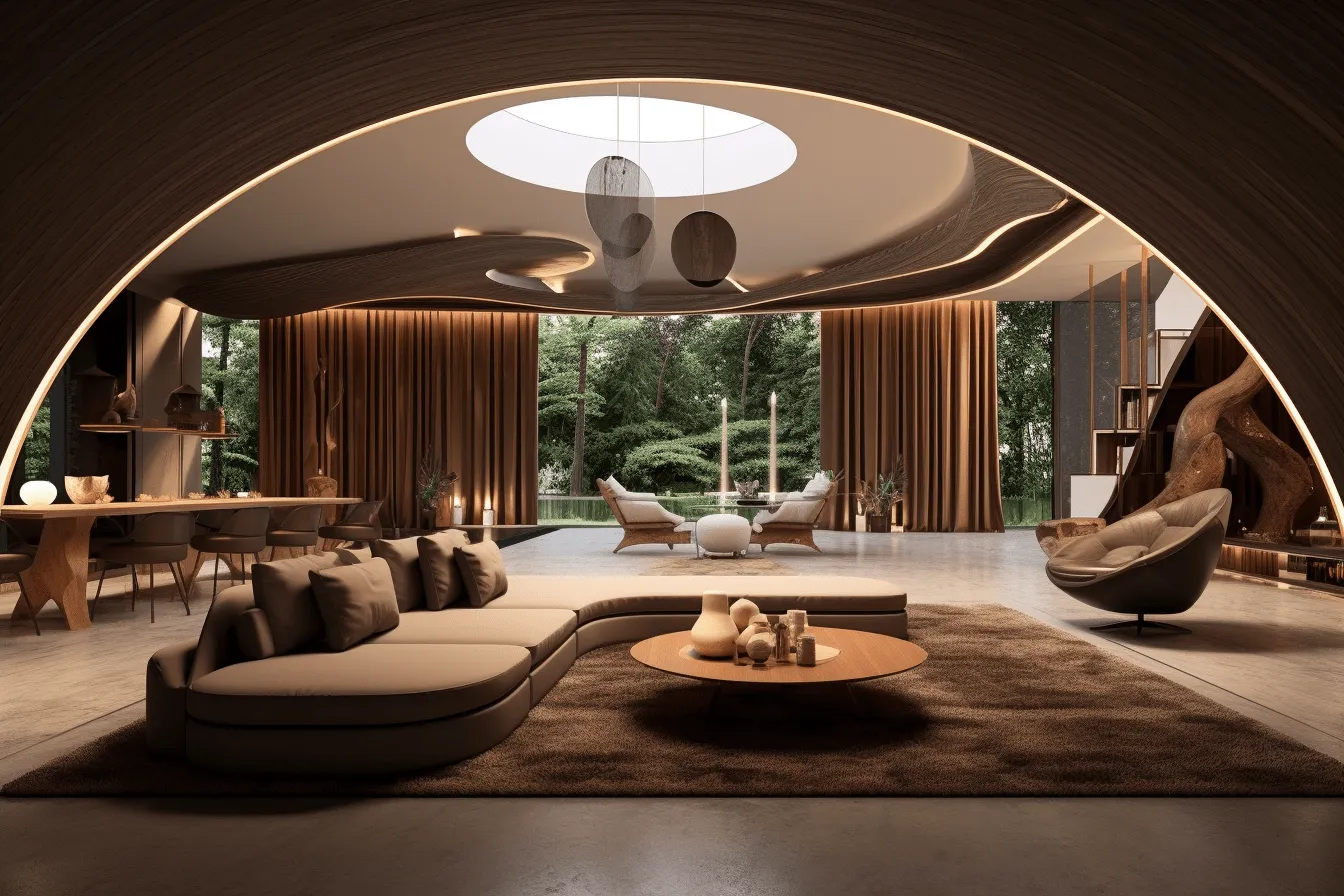 Living room of a large home has a large entrance arch  a view of outdoor living, rendered in cinema4d, nature-inspired shapes, zen buddhism influence, dark beige and amber, futuristic organic, dreamy atmospheres, wood
