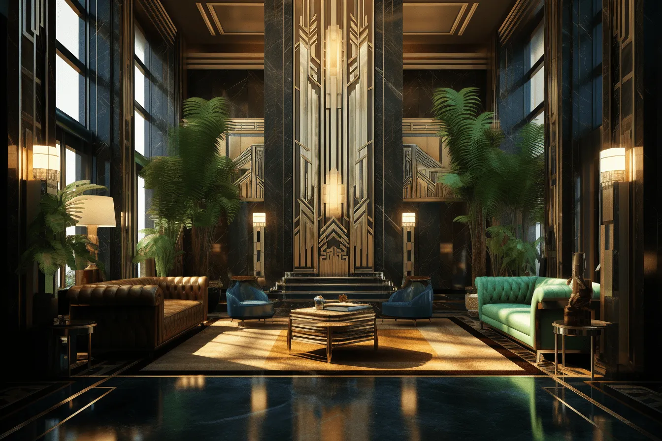 Art deco living room  hgtv, unreal engine 5, atmospheric environments, columns and totems, dark green and bronze