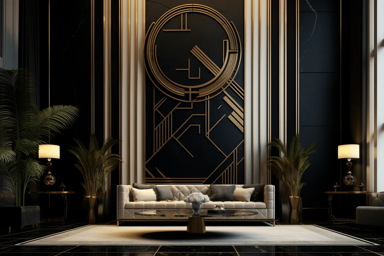 Elegant living room in black and gold decorating, art deco futurism, 8k 3d, elegant, emotive faces, tondo, zen-inspired, timeless artistry, grandiose architecture