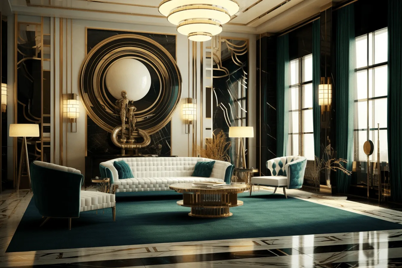 Art deco living room interior design, light gold and dark emerald, grandiose architecture, maximalist, light white and teal, spiral group, 32k uhd, elegant, emotive faces