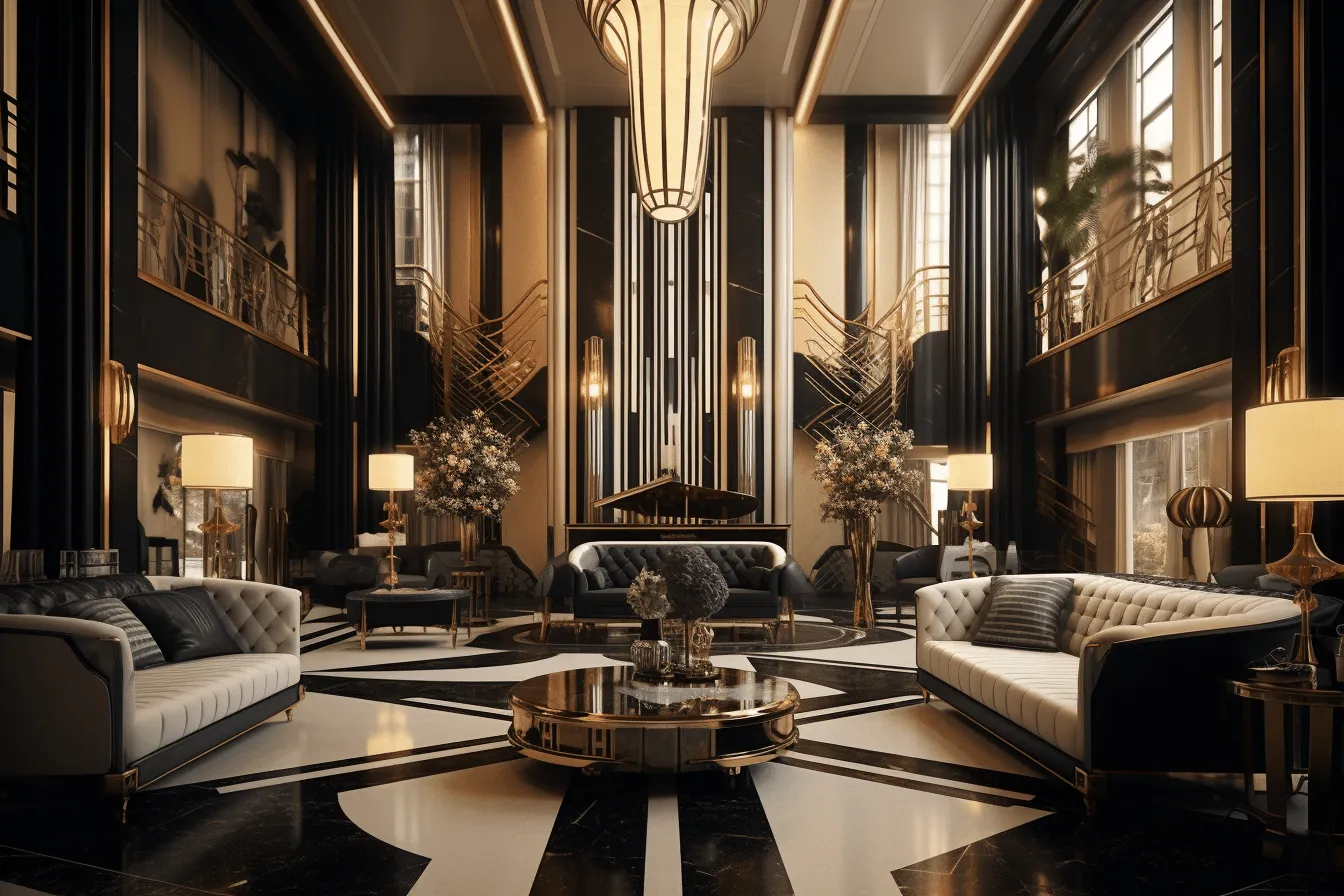Art deco style living room with black and gold furniture, unreal engine 5, wealthy portraiture, heavy lines, opulent architecture, royalcore, dark white and brown, hallyu