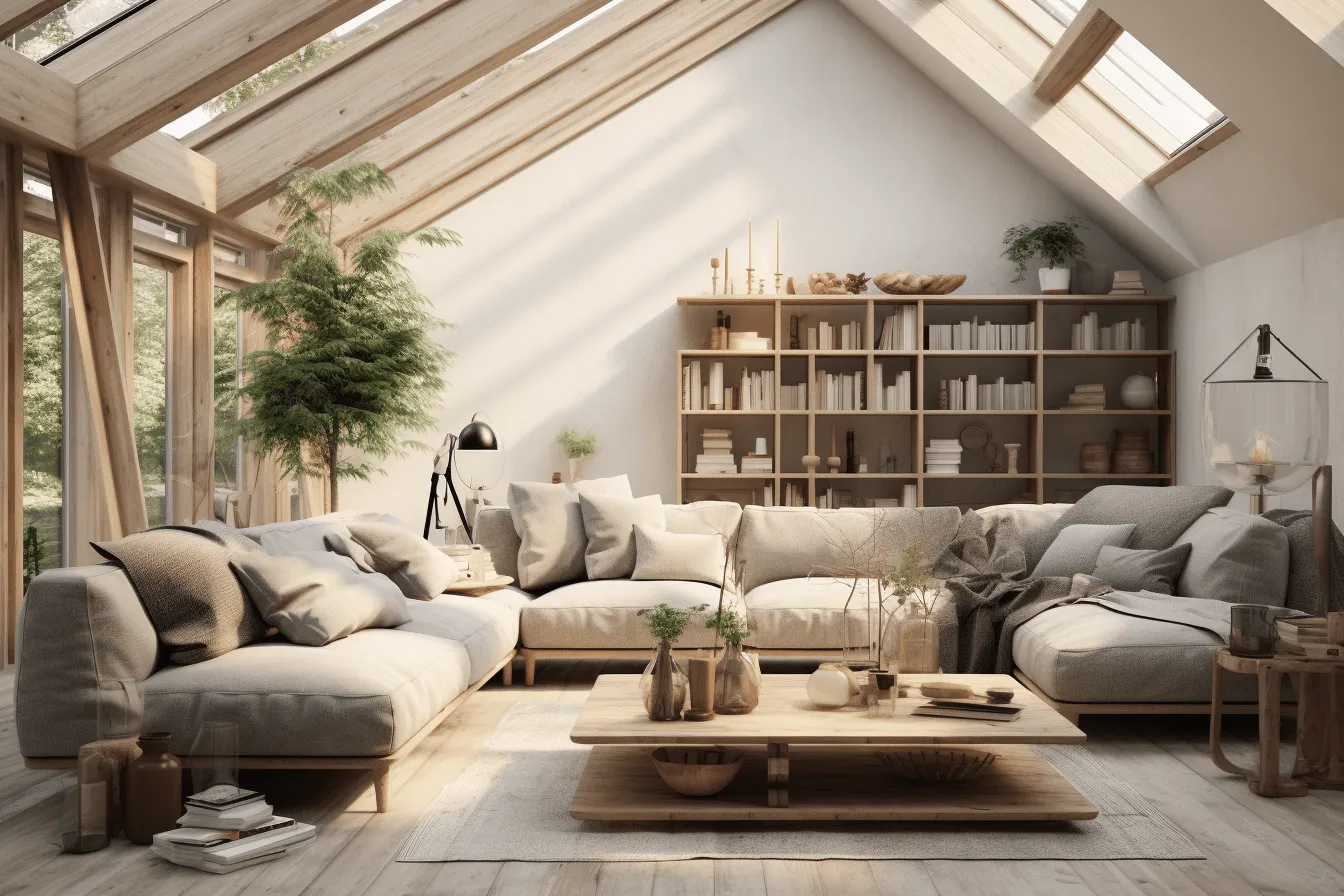 Attic living room with large windows, highly detailed foliage, vray tracing, light beige, utilizes, wood, soft atmospheric perspective, contemporary faux naïf