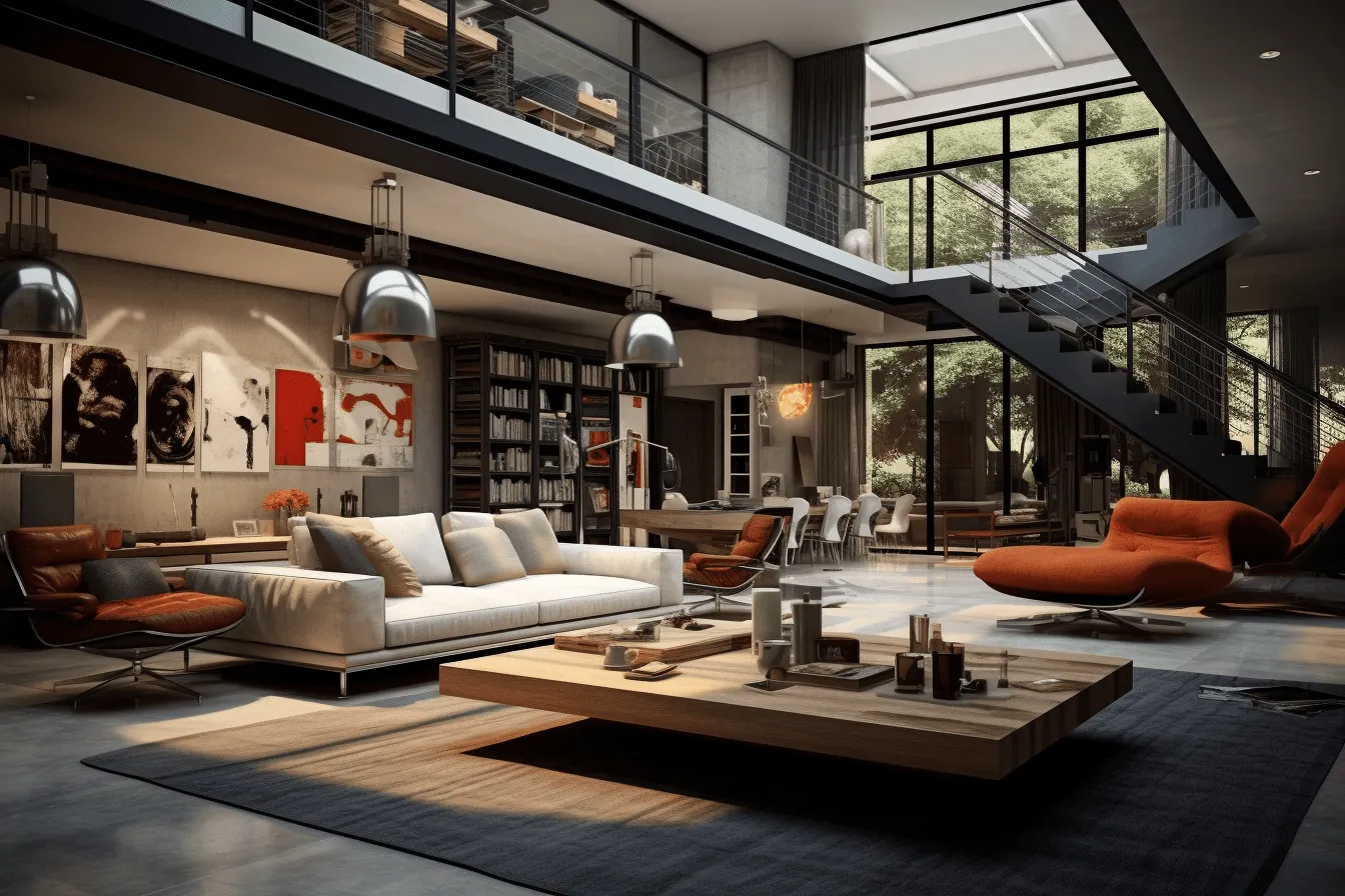 Modern loft has stairs with couches and an area for a table and chairs, realistic and hyper-detailed renderings, dark silver and light orange, hasselblad hc 100mm f/2.2, nature-inspired, highly realistic, captivating, detailed