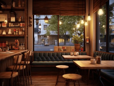 Bars And Tables In A Restaurant Interior With Windows