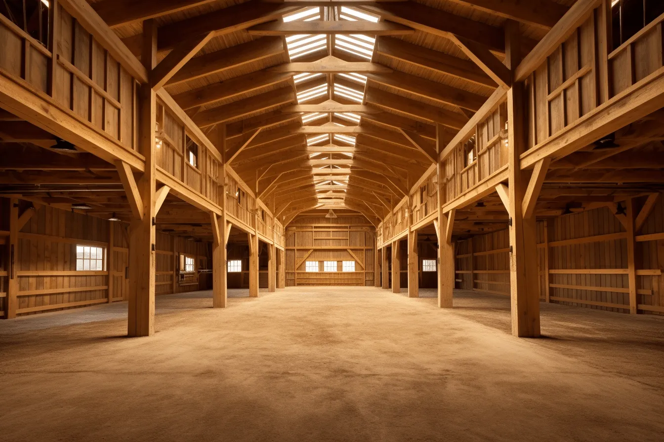 Interior of a large wood barn with glass windows, zeiss batis 18mm f/2.8, light beige and light amber, symmetrical composition, sōsaku hanga, backlight, 8k resolution, carpetpunk